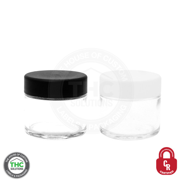 THCR 2oz Clear Glass Jar and Flat Child-Resistant Flat Cap Black and White