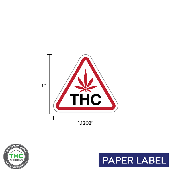 Cannabis Universal Symbol Leaf, THC triangle compliance label, Red white label, Generic Paper Label, 1.1202" x 1" (Qty 1,000 Per Roll)